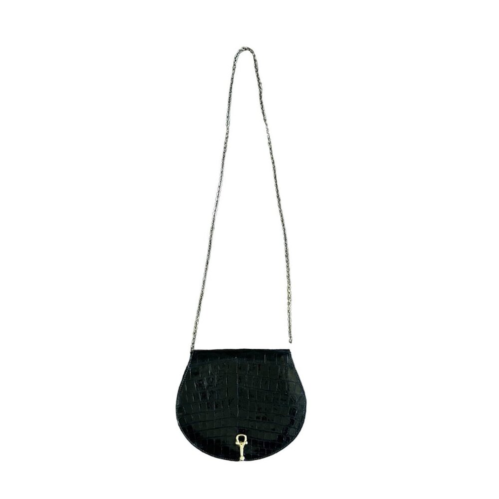 Vintage Black Leather Animal Print Embossed Crossbody Bag Chain Strap